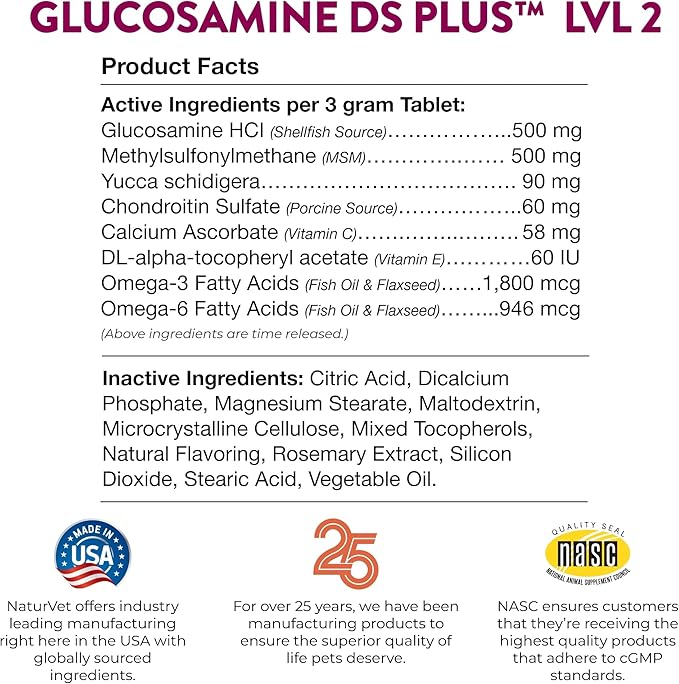 NaturVet Glucosamine DS Plus Level 2 Moderate Care Joint Support Supplement for Dogs and Cats, Chewable Tablets Time Release, Made in The USA, 60 Count-Mewly Pet