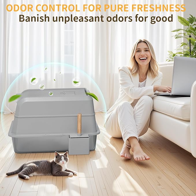 Stainless Steel Litter Box with Lid, XL Extra Large Cat Litter Box, Enclosed Metal Litter Pan with High Sided Enclosure & Scoop, Anti Leakage, Easy to Clean, Odor Control(Grey)-Mewly Pet