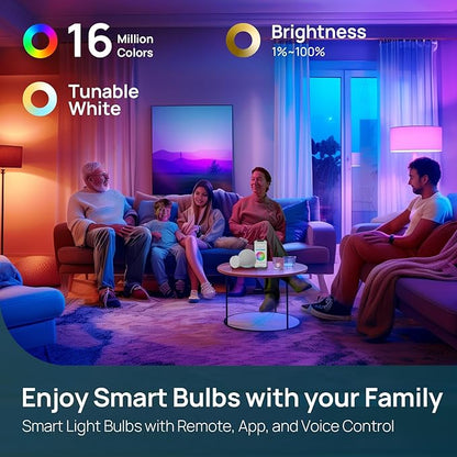 Linkind Smart Light Bulbs with Remote Control, Smart Bulb That Work with Alexa & Google Home, LED Light Bulbs Color Changing 64 Preset Scenes, A19 E26 2.4Ghz WiFi Light Bulbs Dimmable 60W 800lm 6 Pack