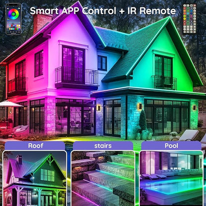 400ft Outdoor LED Strip Lights Waterproof,IP68 Outside Led Light Strips Waterproof with App and Remote,Music Sync RGB Exterior Led Rope Lights with Self Adhesive Back for Roof,Deck