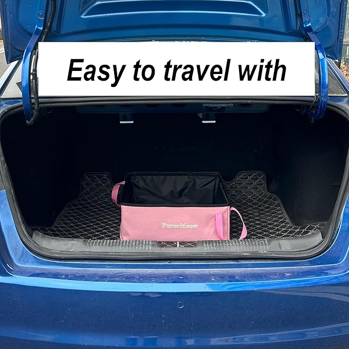 Pink Portable Cat Litter Box, Firm Waterproof Foldable for Travelling for Cats, Including Crinkle Ball, Poop Bags, Foldable Bowl and Scoop, 15.8x15.8x5.9 inches-Mewly Pet