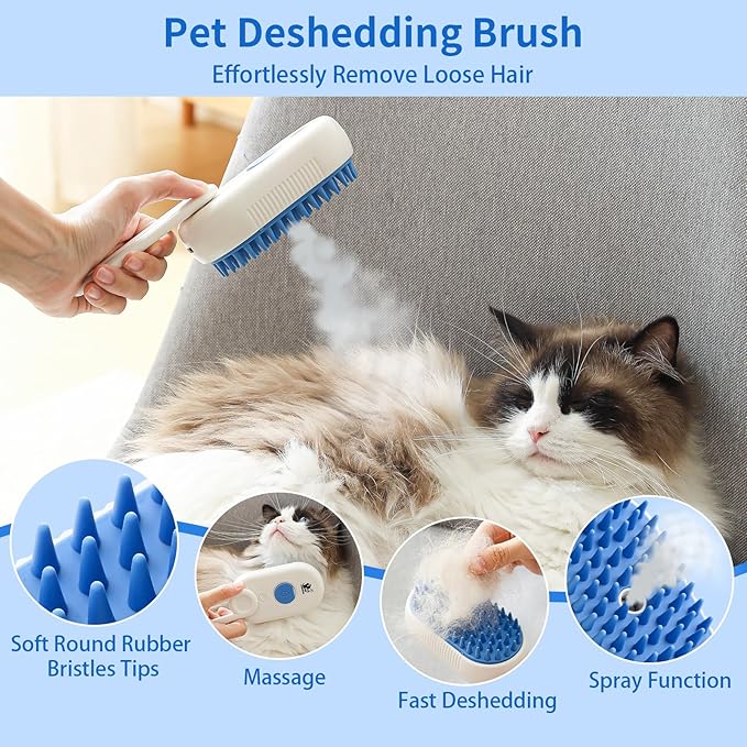 Cat Steam Brush for Shedding,4 in 1 Grooming Brush for Cats and Dogs,Deshedding,Massage,Cleaning & Anti-Static All In One,Suitable for Long & Short Haired Pets,Includes Waterless Shampoo,Yelow-Mewly Pet