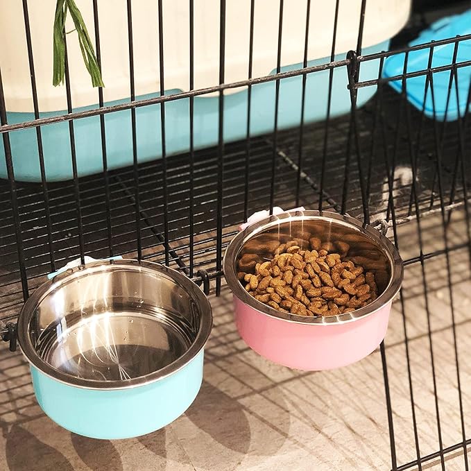 HERCOCCI Dog Crate Bowl, Removable Stainless Steel Pet Kennel Cage Hanging Food Bowls and Water Feeder Coop Cup Prevent Overflow for Puppy, Medium Dog, Cat, Rabbit, Ferret (3PCS)-Mewly Pet