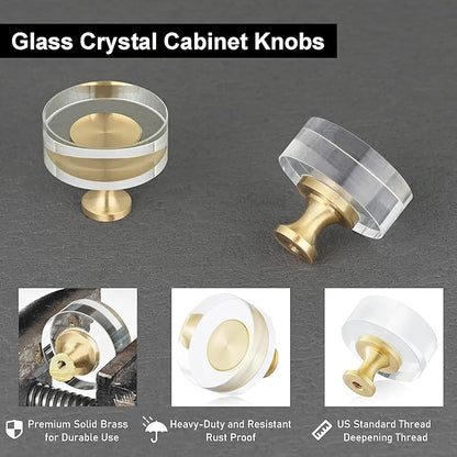 QOGRISUN 15-Pack Brass Crystal Cabinet Knobs,Glass Crystal Gold Drawer Knobs,1-1/4-Inch Round, Decorative Dresser Pulls, Modern Cabinet Hardware