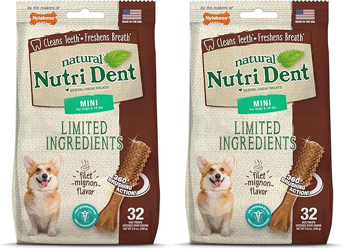 Nylabone Nutri Dent Dog Dental Chews - Natural Dog Teeth Cleaning & Breath Freshener - Dental Treats for Dogs - Filet Mignon Flavor, Mini (32 Count) (Pack of 2)-Mewly Pet