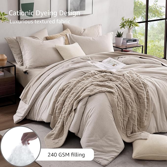 Monbix King Size Comforter Set, Oatmeal Cationic Dyeing Bed Set Reversible, King Size Comforter Set 7 Pieces Bed in a Bag with Comforter, Sheets, Pillowcases & Shams