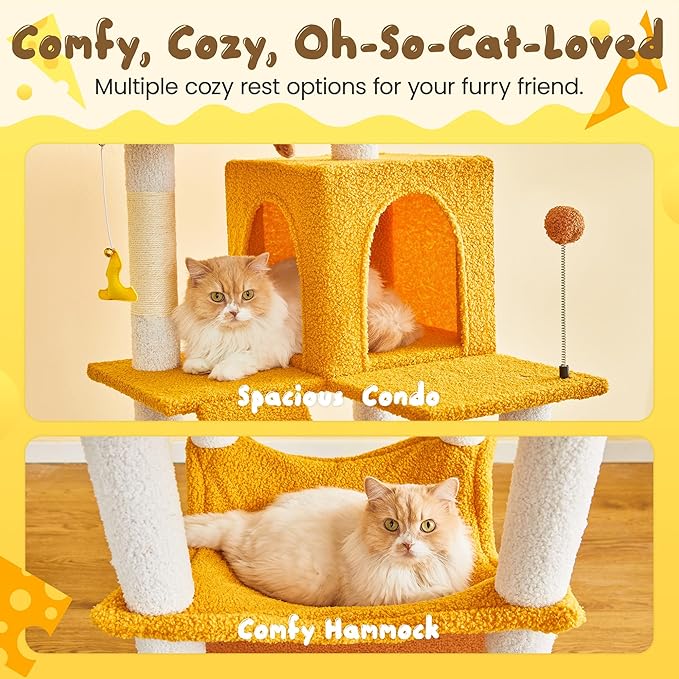 MWPO Cat Tree, 70.1-Inch Tall Cat Tower for Indoor Cats Large Adult, Multi-Level Cat Condo with 5 Scratching Posts, 2 Padded Perches, Hammock, Dangling Toys, Yellow-Mewly Pet