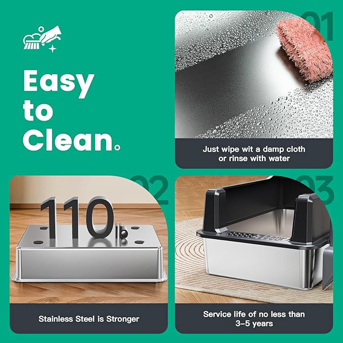 Tripamin XXL Stainless Steel Litter Box with High Sides 26"x18"x12" Extra Large Metal Litter Box for Big Cats & Multiple cat, Jumbo Top Entry Litter Pan with lid (Black, XX-Large)-Mewly Pet