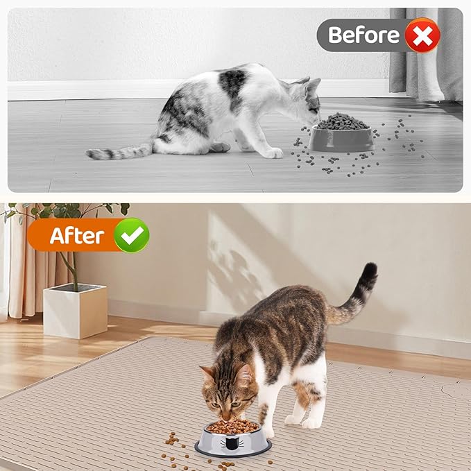 Cat Food Mat, 40" x 28" Extra Large Silicone Pet Feeding Mat with Raised Edge Pet Placemat for Food and Water Bowl Non-Slip, Easy to Clean, Floor Protection (Khaki)-Mewly Pet