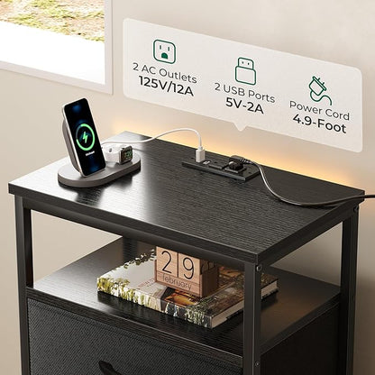 Huuger 5 Drawers Dresser with Charging Station, Dresser for Bedroom, Tall Night Stand, Chest of Drawers with Open Shelf, Bedside Table Nightstand, Fabric Storage Drawers, for Entryway, Black