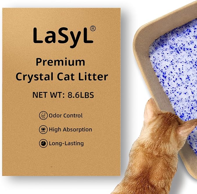 LaSyL Premium Crystal Cat Litter - 8.6 lb, Two Months Lasting - Superior Odor Control & Absorption, Non-Clumping, Low Tracking Silica Gel Safe for Pet, White & Blue (2 Bags of 4.3 lb)-Mewly Pet