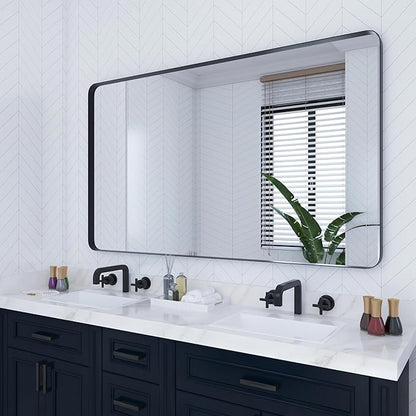 VocalStar 60 x 36 Inch Black Bathroom Mirror for Wall, Large Rounded Rectangle Metal Framed Bathroom Wall Vanity Mirror Farmhouse, 1/4-inch Shatterproof Glass | Ultra-Flush Hanging
