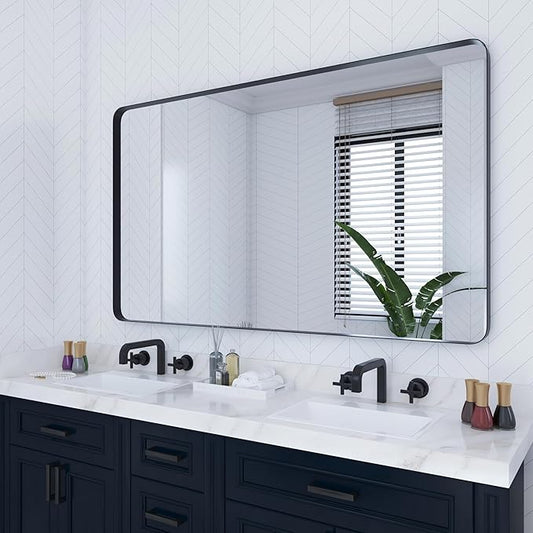 VocalStar 60 x 36 Inch Black Bathroom Mirror for Wall, Large Rounded Rectangle Metal Framed Bathroom Wall Vanity Mirror Farmhouse, 1/4-inch Shatterproof Glass | Ultra-Flush Hanging