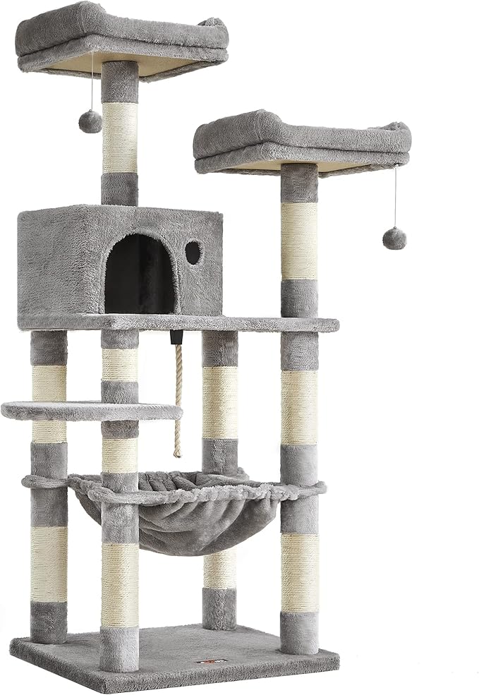FEANDREA Cat Tree, Cat Tower for Indoor Cats, 56.3-Inch Cat Condo with Scratching Posts, Hammock, Plush Perch, Light Gray UPCT15W-Mewly Pet