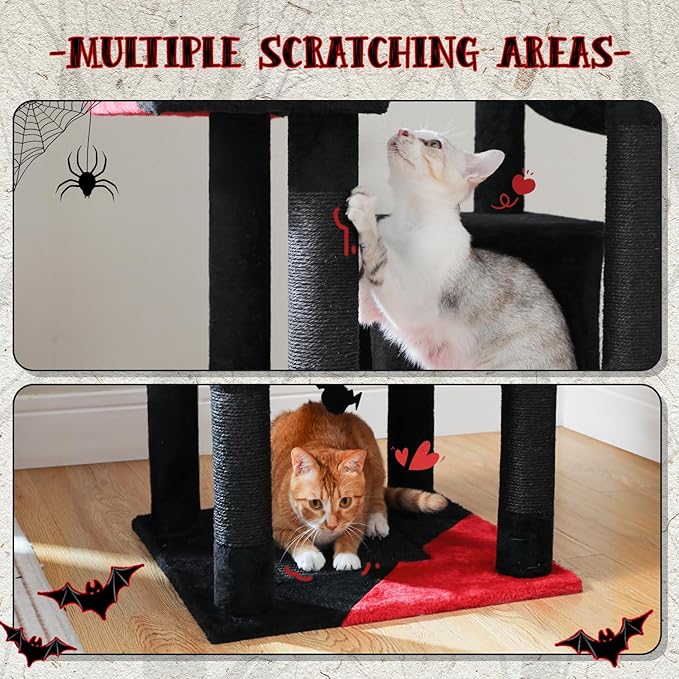 PAWZ Road 70 Inch Cat Tower, Gothic Cat Tree with 2 Cozy Condos, 2 Plush Perch, Large Basket, 2 Scraching Pad & 6 Scraching Posts for Indoor Cats Large Adult-Mewly Pet