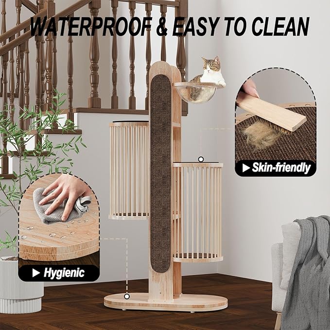 Modern Cat Tree Tower for Indoor Cats, 67" Tall Solid Wooden Cat Tower with Scratching Posts, 6 Level Natural Luxury Cat House with Big Bed, Washable Cushions Cat Furniture for Large Cats White Brown-Mewly Pet