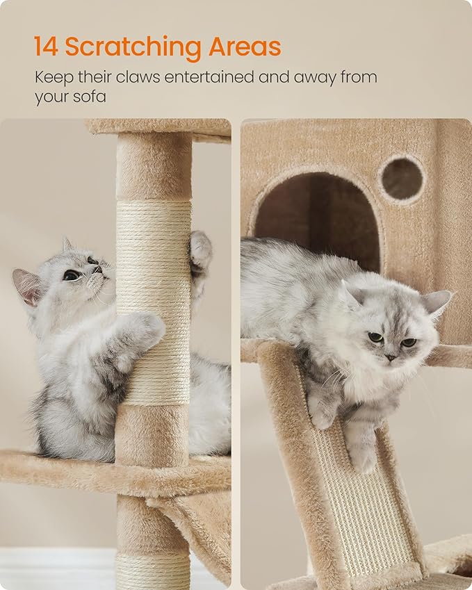 Feandrea Cat Tree, 81.1-Inch Large Cat Tower with 13 Scratching Posts, 2 Perches, 2 Caves, Basket, Hammock, Pompoms, Multi-Level Plush Cat Condo for Indoor Cats, Camel Brown UPCT190K01-Mewly Pet