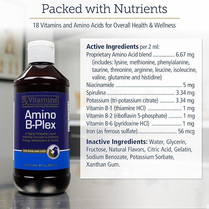 Rx Vitamins Amino B-Plex Cat & Dog Supplement - Vitamin B Complex Liquid Plus Amino Acids for Dogs & Cats - Appetite Booster and Cat & Dog Weight Gainer - Supplements & Vitamins - 8 oz-Mewly Pet