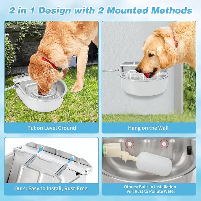 FHTONGE 304 Stainless Steel Automatic Dog Water Bowl Dispenser with Drainage and Float Valves, Large Auto Fill Dog Waterer for Outdoor Big Dogs Livestock Poultry Horse Cow Goat Pig Chicken Duck Rabbit-Mewly Pet
