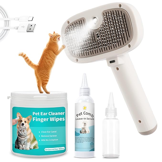 Cat Steam Brush, Dog Brush for Shedding, Pet Spray Hair Removal Comb, Pet Brush for Short & Long Hair, USB Rechargeable Grooming Supplies, Spritz Defur Comb with Finger Wipe for Teeth (White)-Mewly Pet