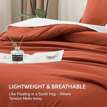 Litanika Comforters Burnt Orange Oversized Queen Size, 3 Pieces Lightweight Solid Bedding Comforter Set, All Season Fluffy Bed Set (98x98In Comforter & 2 Pillowcases)