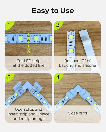 JACKYLED 10mm 2-Pin LED Strip Connectors for LED Strip Lights, Total 22Pcs Corner Connectors Kit for Unwired Gapless Solderless Adapter Extension - 10mm 2pin 10 Pack