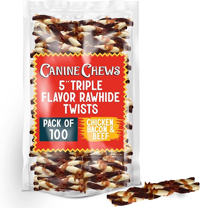 Canine Chews 5" Triple Flavor Rawhide Stick Twists for Small Dogs Dog Treat Dental Stick Chicken, Pork, Beef Flavor Chew Toy (100 Pack)-Mewly Pet