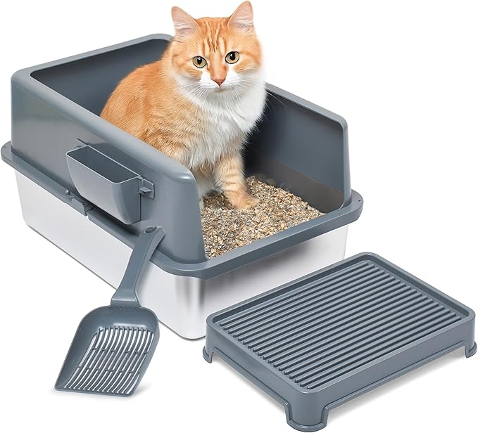 iPrimio Premium Stainless Cat Litter Box for Easy Cleanup - Durable and High Sides Stainless Steel Litter Box with Step Scoop - Mat Elevated for Cats - Scratch and Bite Proof - Dark Grey-Mewly Pet