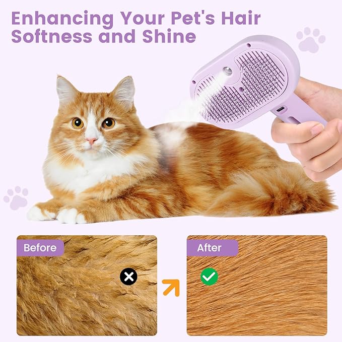 3 in 1 Cat Steam Brush, Pet Spray Hair Removal Comb for Shedding & Grooming, Water Brush for Cats Dogs Small Animals Long Short Haired with One-Click Release Button(Purple)-Mewly Pet