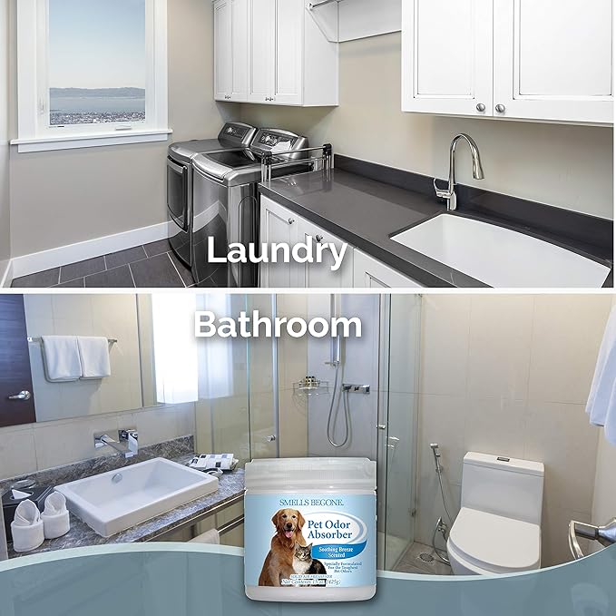 SMELLS BEGONE Air Freshener Pet Odor Absorber Gel - 15 oz, Pack of 2 - Absorbs and Eliminates Odor in Pet Areas, Bathrooms, Cars, & Boats - Made with Essential Oils - Soothing Breeze Scent-Mewly Pet