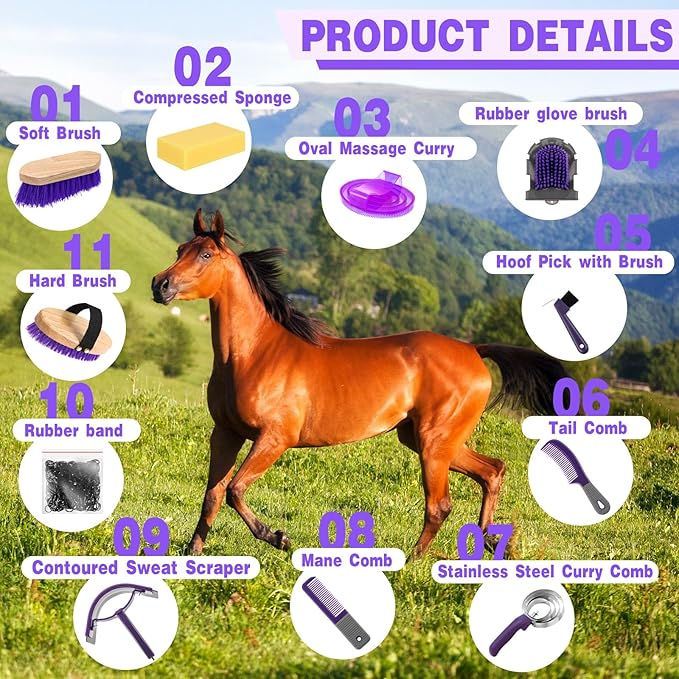 Abbylike 12 Pieces Horse Grooming Kit Racing Festival Tack Room Supplies Horse Brush Sets Equine Care Cleaning Kit Shedding Grooming Massaging Tools(Gray and Purple)-Mewly Pet