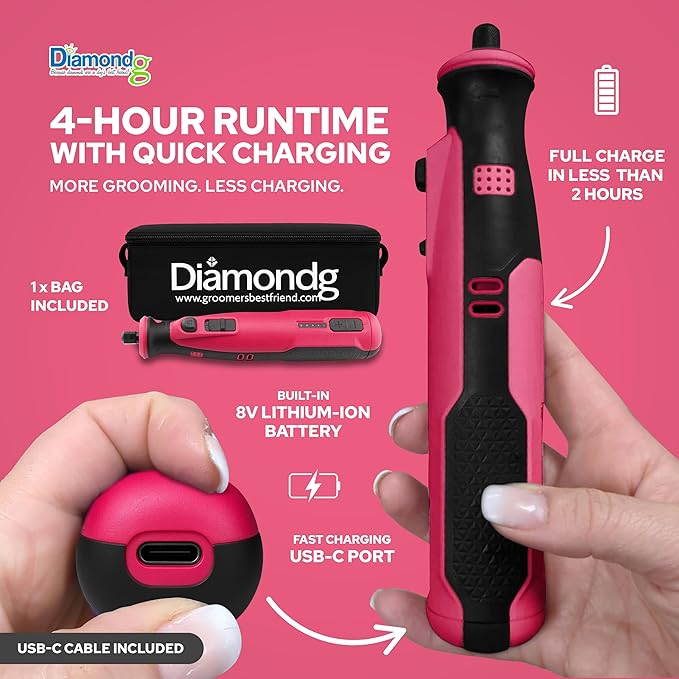 Diamondg Cordless Dog Nail Grinder with Quiet Sound & LED Tip for Large & Small Dogs, 4hrs. Runtime, 2 Bits Included, Pink-Mewly Pet