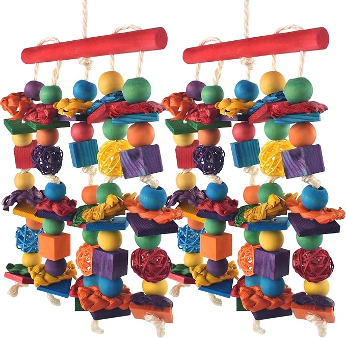 Bird Toys, 2PCS Parrot Foraging Hanging Toy, Multicolored Natural Wooden Blocks Parakeet Chewing Toys mit Rattan Wicker Balls, for Medium Small Cockatoos Budgie Lovebird Cockatiel Conure-Mewly Pet