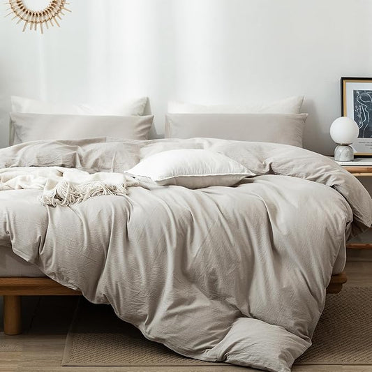 MooMee Bedding Duvet Cover Set 100% Washed Cotton Linen Like Textured Breathable Durable Soft Comfy (Heathered Cream Grey, Alaska King 132"x120")
