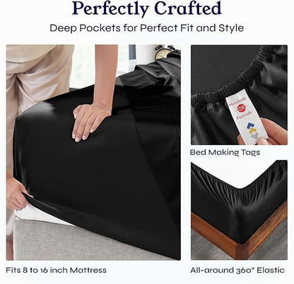 California Design Den King Size Sheets Set - 400 Thread Count Sateen, Natural 100% Cotton Sheets with Deep Pockets, Breathable, Cooling and Durable Bedding Set - Black