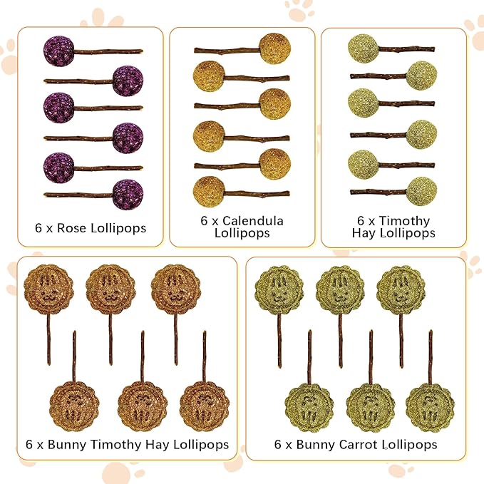 Fhiny Rabbit Chew Toys, 30 PCS Natural Bunny Lollipop Chew Sticks Handmade Guinea Pig Molar Treats for Teeth Small Animals Snacks for Guinea Pig Bunny Chinchilla Hamster Gerbil Teeth Care-Mewly Pet