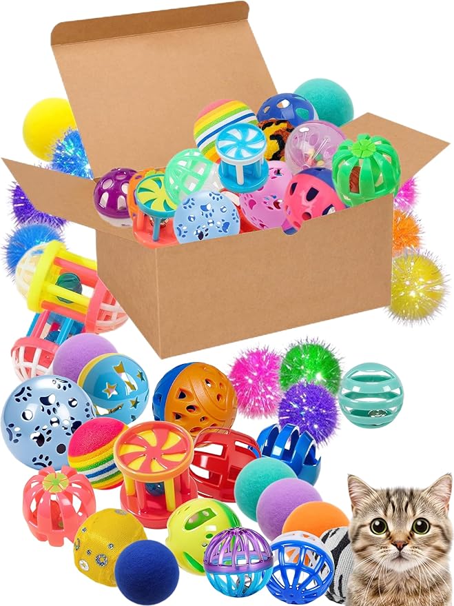 40-Piece Cat Toy Variety Pack for Indoor Cats and Kittens, Bouncy Paws (1.5'' - 2.2'', Cat Toys Deluxe Pack)-Mewly Pet