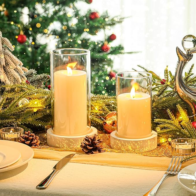 Set of 2 Hurricane Candle Holders with Wood Base & Glass Cylinder (4.2x5.9” & 4.6x7.8”) – Rustic Wooden Candle Holders for Home Decor, Weddings, Table Centerpieces