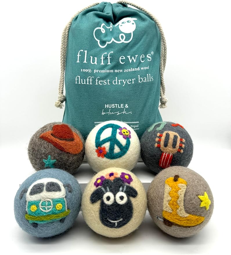 Fluff Ewes Wool Dryer Balls 6 Pack Premium New Zealand Wool Laundry Balls for Dryer, No Static Dryer Balls Laundry Reusable, XL Wool Dryer Balls Cute, Baby Dryer Balls for Dryers - Fluff Fest-Mewly Pet