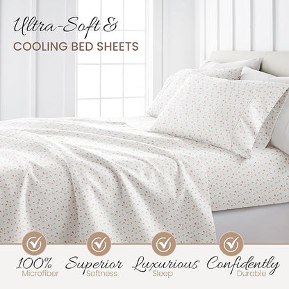 Linen Market 4 Piece Queen Sheet Set - Breathable, Double-Brushed Patterned Cooling Sheets – Oeko-TEX Certified Ultra Soft & Wrinkle-Free 16" Deep-Pocket Queen Sheets - Easy Care Soft Floral Pink