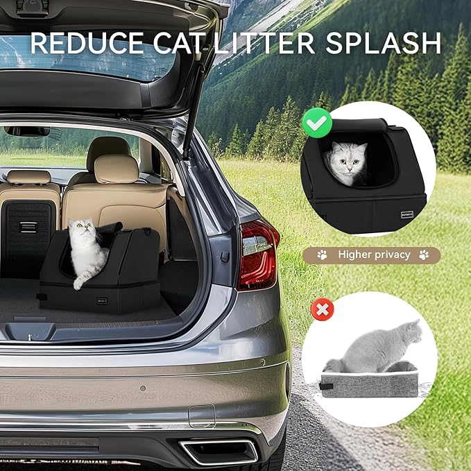 PETSFIT Portable Cat Litter Box - Removable 2-Layer Leak-Proof Lining, Scratch-Resistant Fabric with Sturdy Support Frame, Travel & Collapsible Cat Litter Box Black-Mewly Pet