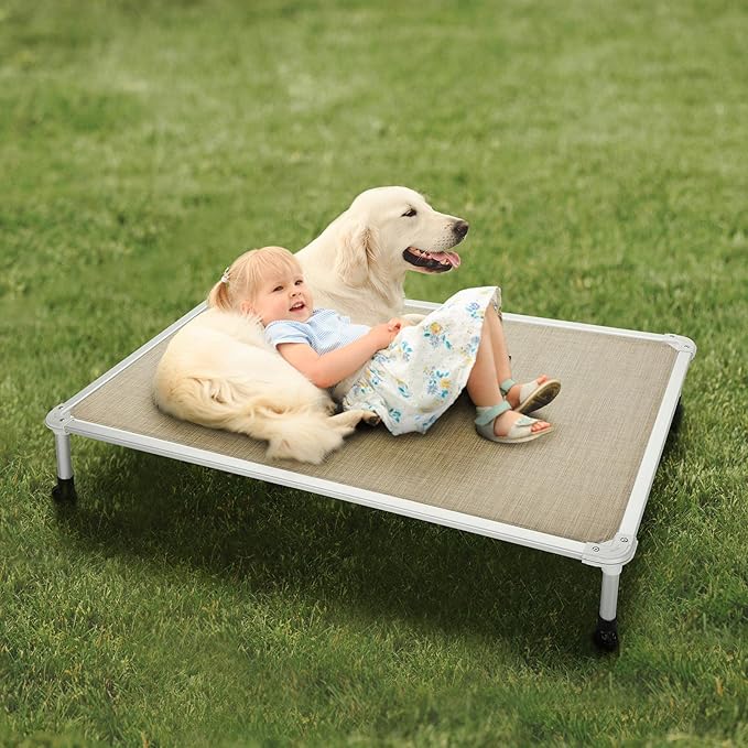 Veehoo Chew Proof Elevated Dog Bed - Cooling Raised Pet Cot - Silver Aluminum Frame and Durable Textilene Mesh Fabric, Unique Designed No-Slip Feet for Indoor or Outdoor Use, Beige Coffee, X Large-Mewly Pet