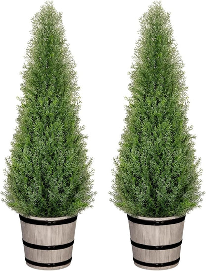 3FT Artificial Cedar Topiary Trees with Rustic Barrel Planter, Outdoor Indoor Realistic Faux Pine Shrubs Plants, Fake Cypress Trees for Home Offices Porch Decor, Set of 2