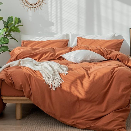 MooMee Bedding Duvet Cover Set 100% Washed Cotton Linen Like Textured Breathable Durable Soft Comfy (Solid Rust Brown, Full 80"x90")