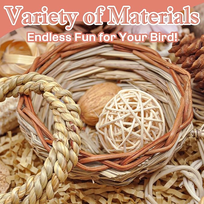 Natural Bird Foraging & Shredding Toys Box - Handmade Rattan Chewing Toys for Parakeets, Cockatiels, Conures, Lovebirds & Small to Medium Birds-Mewly Pet
