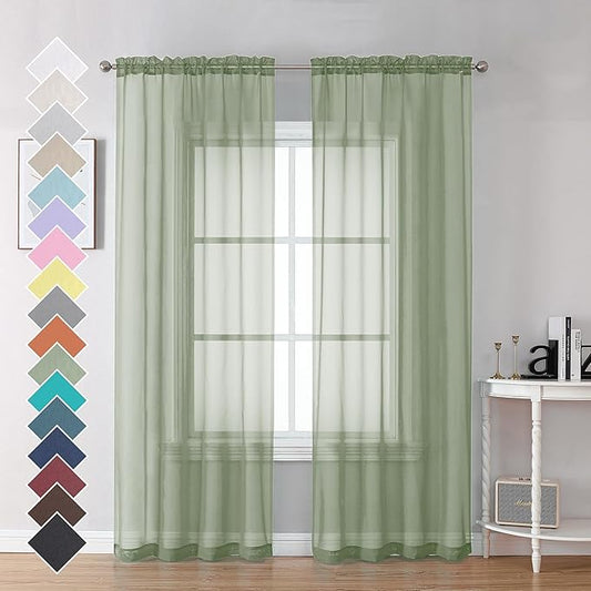 OVZME 2 Panels Sheer Sage Green Curtains 72 Inches Length Window Treatment for Kitchen, Elegant Airy Transparent Curtain Draperies Rod Pocket for Kids Living Room, Each 42 Width 72 Length