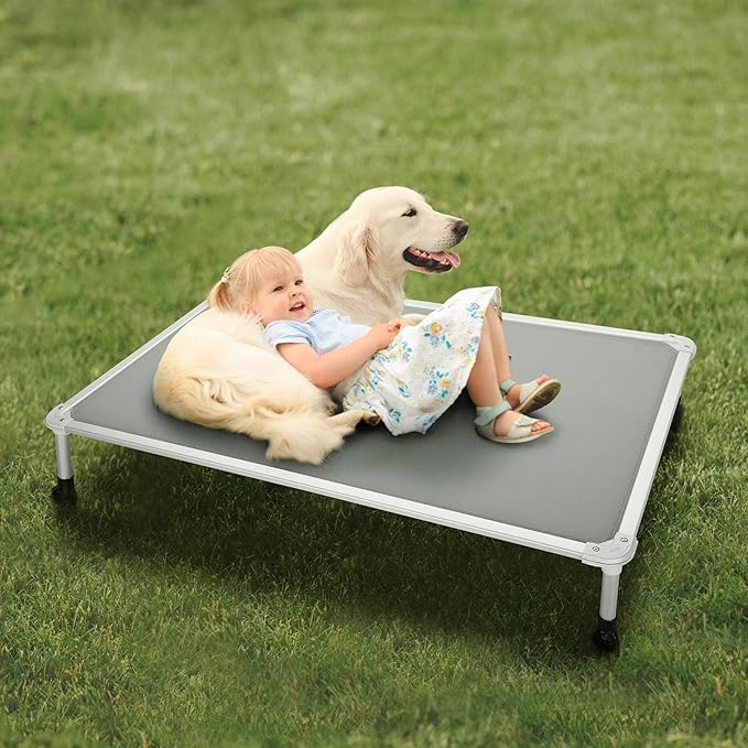 Veehoo Chew Proof Elevated Dog Bed - Cooling Raised Pet Cot - Silver Aluminum Frame and Durable Textilene Mesh Fabric, Unique Designed No-Slip Feet for Indoor or Outdoor Use, Grey, X-Large, CWC2003-Mewly Pet