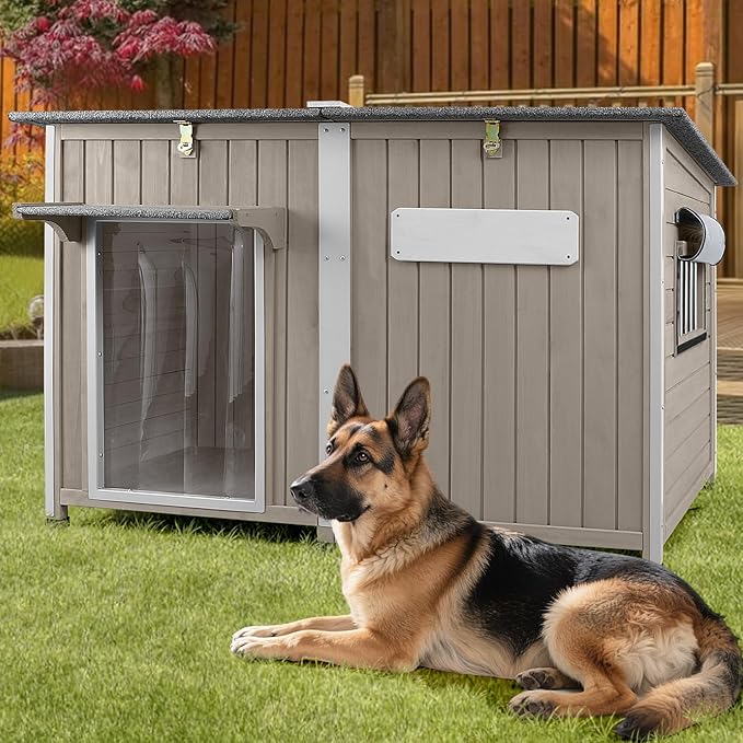 Large Dog House Outdoor XL Wooden Dog House with Weatherproof Asphalt Roof, Chew-Resistant Frame, Removable Floor, for Medium to Large Dogs Indoor Outdoor Use (Grey, 55.1"L x 33.1"W x 34.8"H)-Mewly Pet
