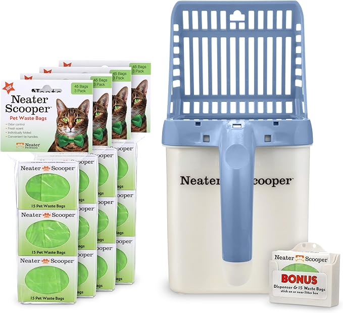 Neater Pet Brands Neater Scooper Standard Cat Litter Scoop, 195 Refill Bags – Mess-Free Cat Litter Scooper with Bag, Spill-Proof Kitty Box Sifter, Bin Doubles as Scoop Holder, For Single-Cat Household-Mewly Pet