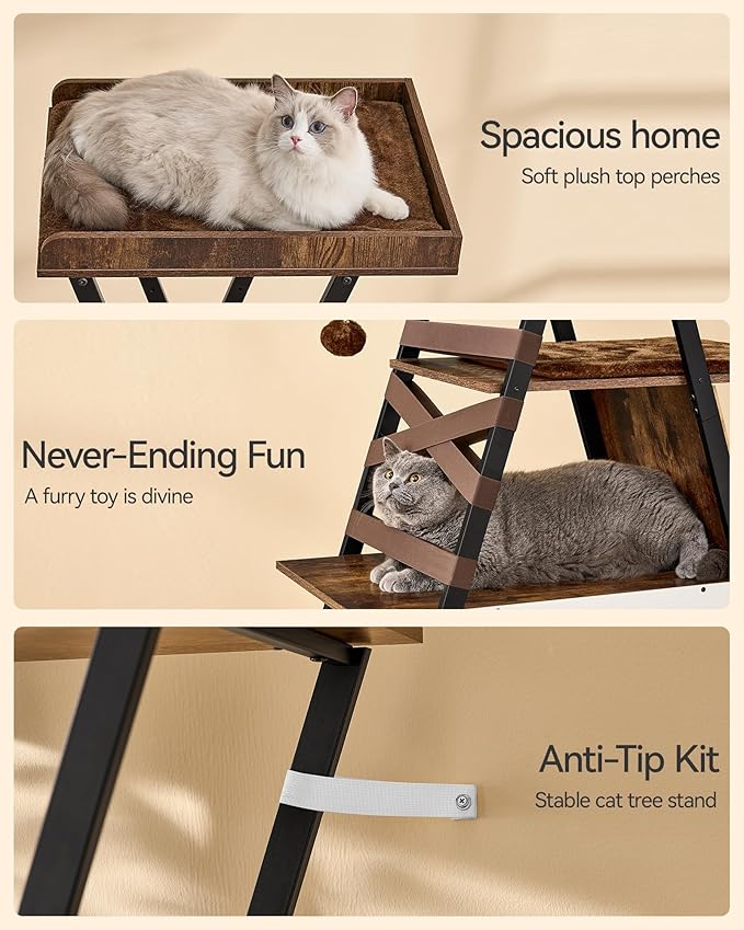 FourFurPets 72.4" Modern Cat Tower for Indoor Cats - Multi-Level Condo With Caves, Tall Tree With Scratching Board, Wooden Tower With Large Perch, Removable Pads, Rustic Brown-Mewly Pet